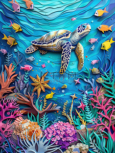 海底世界海洋动物剪纸风格矢量插画