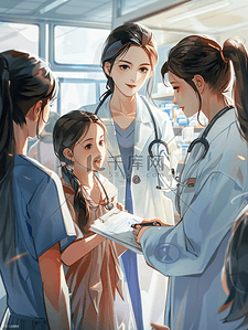 医医生插画图片_家庭医生小轻的母亲带着女儿群医生医院里