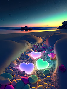 爱心围在一起插画图片_夜晚五颜六色的爱心石头海边素材