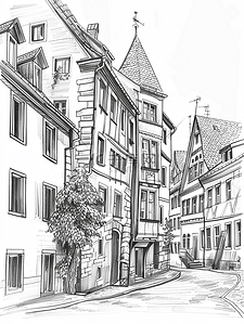 欧洲城市建筑插画图片_奥格斯堡旧城市房屋外墙草图