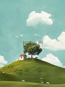 找房子的青年插画图片_山坡的小房子和树木插图