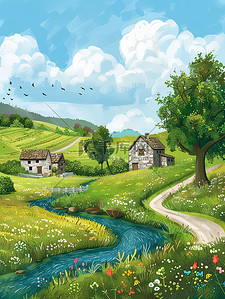 夏天小河两岸的乡村景色插画图片