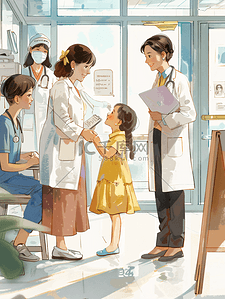 小手箭头插画图片_家庭医生小轻的母亲带着女儿群医生医院里