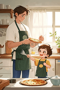 厨房围裙插画图片_手绘父子做蛋糕插画海报