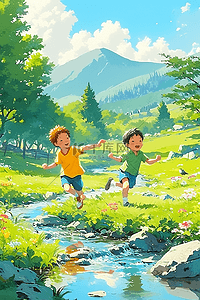 夏天孩子河边手绘玩耍插画海报