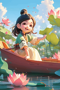 可爱女孩划船唯美插画海报端午节