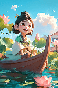 可爱女孩划船唯美端午节插画海报