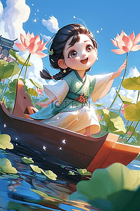 开心的手绘女孩插画图片_端午节可爱女孩划船唯美插画海报