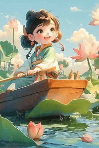 端午节可爱女孩划船插画唯美海报