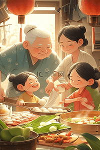 卡通包粽子插画图片_家庭聚会手绘插画海报端午节