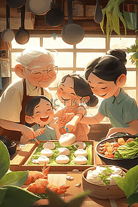 卡通厨房妈妈插画图片_手绘端午节家庭聚会插画海报