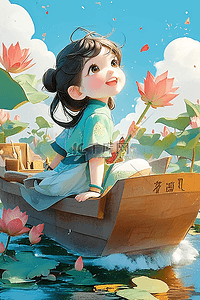 开心的手绘女孩插画图片_可爱女孩端午节划船唯美插画海报