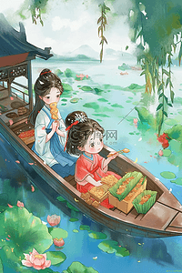 小女孩小裙子插画图片_端午节划船唯美国风手绘海报素材