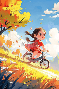 风吹gif插画图片_可爱女孩骑车手绘插画秋天海报
