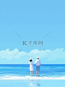 情侣站在碧海蓝天的海滩素材