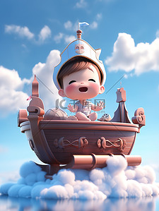 可爱小男孩坐在木船上插图