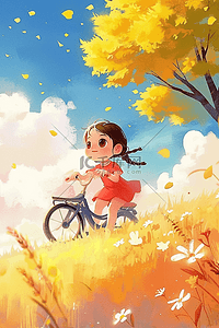 骑自行车卡通女孩插画图片_可爱女孩骑车手绘插画海报秋天
