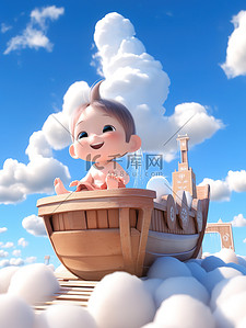 船上的门插画图片_可爱小男孩坐在木船上插画海报