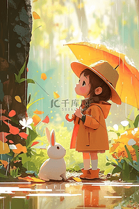 秋天唯美雨季女孩插画海报