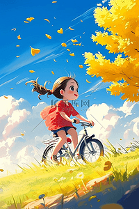 手绘开心的女孩插画图片_手绘秋天可爱女孩骑车插画海报