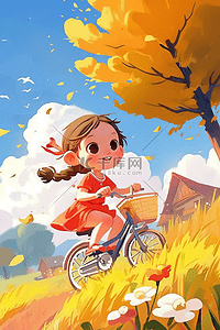 开心的手绘女孩插画图片_秋天可爱女孩骑车插画海报手绘手绘