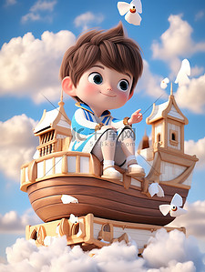可爱小男孩坐在木船上插画海报