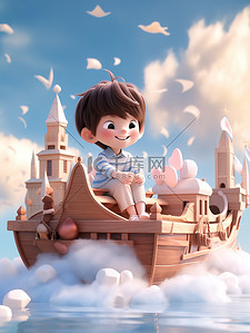 船上的门插画图片_可爱小男孩坐在木船上素材