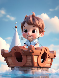 可爱小男孩坐在木船上插画图片