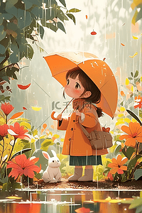 雨季秋天女孩唯美插画海报