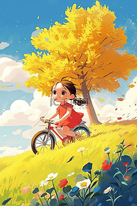 手绘叶子秋天插画图片_可爱女孩骑车手绘秋天插画海报