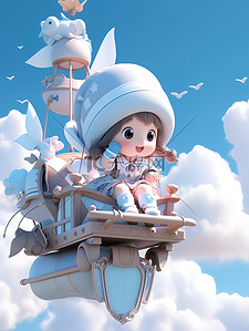 甜美的小女孩坐在一架小飞机插画素材