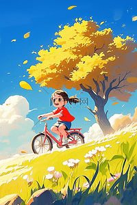 秋天可爱女孩骑车插画手绘海报