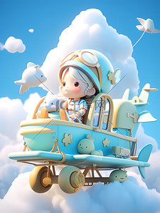 六一海报六一插画图片_甜美的小女孩坐在一架小飞机插画海报
