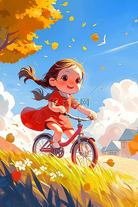秋天可爱女孩手绘骑车插画海报
