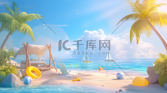 蓝天白云沙滩椰子树沙滩椅插画海报