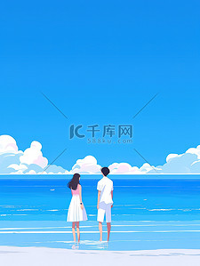情侣站在碧海蓝天的海滩图片