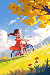 风吹gif插画图片_海报秋天可爱女孩骑车手绘插画