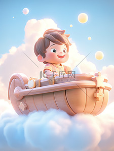 船上的门插画图片_可爱小男孩坐在木船上插画设计