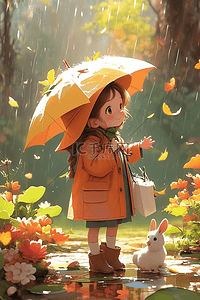 雨季女孩唯美秋天插画海报