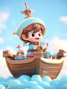 船上的门插画图片_可爱小男孩坐在木船上插画海报