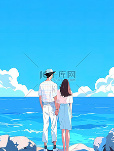 情侣站在碧海蓝天的海滩插画图片
