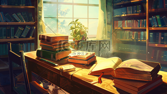 书房空镜插画图片_书房中的书架和书籍5