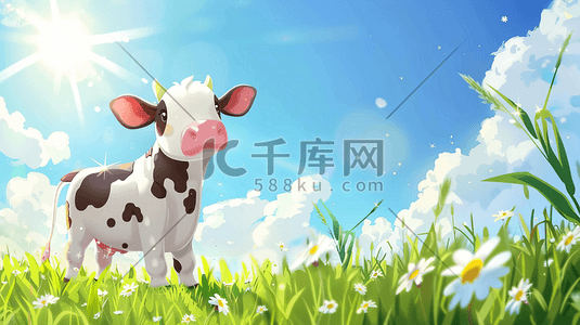 优质金刚石插画图片_草原卡通小奶牛插画20