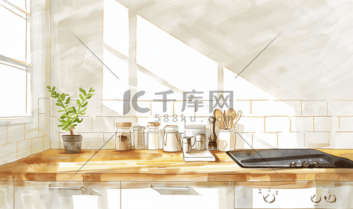 棕色边条插画图片_白色和棕色的厨房柜台水彩插图