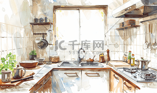踏青电商首页插画图片_白色和棕色的厨房柜台水彩插图