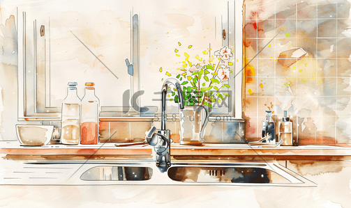 页眉页脚设计模板插画图片_白色和棕色的厨房柜台水彩插图