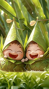 端午节兩個戴著綠色帽子开心的可愛孩子插画素材
