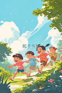 卡通奔跑的孩子插画图片_夏天手绘可爱孩子奔跑插画海报