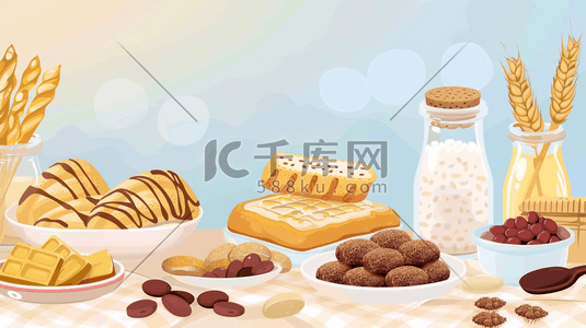 燕麦牛奶插画图片_彩色手绘绘画燕麦干果面包的插画