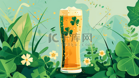 青岛啤酒ppt插画图片_手绘绘画四叶草树叶啤酒的插画